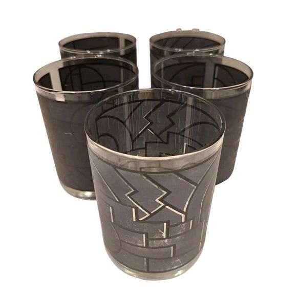Georges Briard Double Old Fashion Glasses Art Deco Gray Geometric Design MCM (5) - Picture 1 of 16